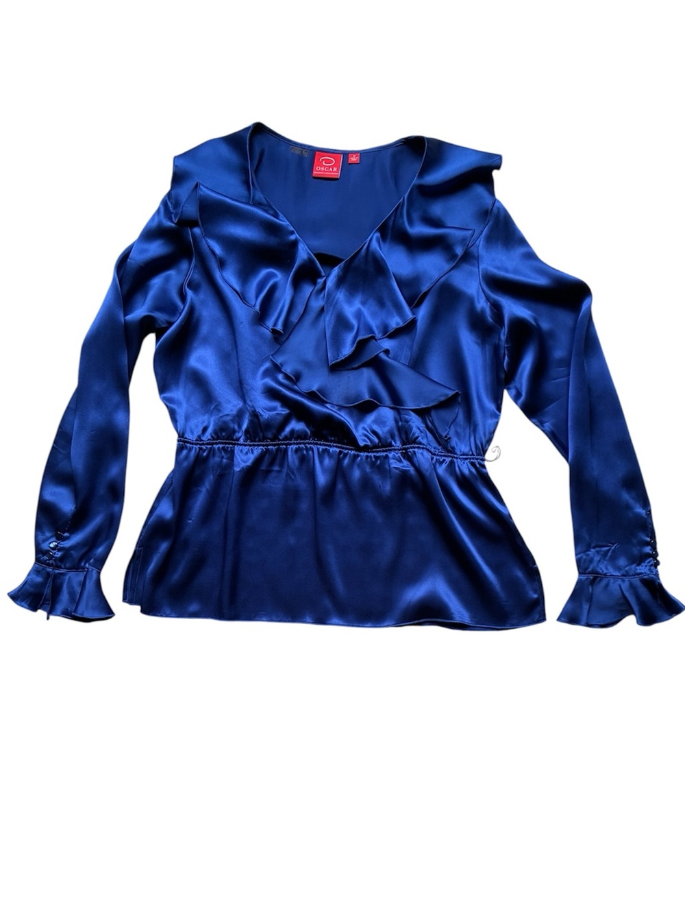 Oscar de la Renta Women's Blue 100% Silk Ruffle Blouse Size 12